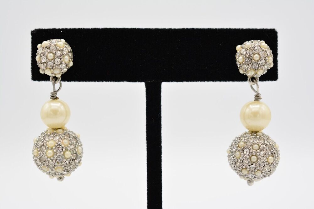 Vintage Dangle Earrings Heavy Weighted Ball Pearl Rhinestone Crystal 1980s Bin1